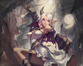 Картинка аниме ангелы +демоны улыбка weien магия девушка рог танец art жест