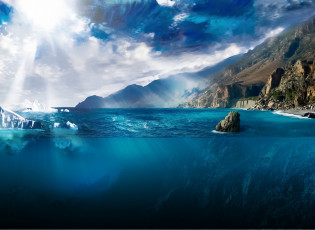 Картинка природа побережье камни берег море айсберг облака небо лучи