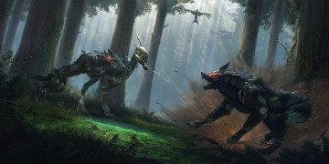 Картинка фэнтези роботы +киборги +механизмы фантастика волк схватка птица ворон