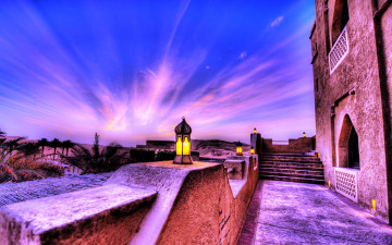 обоя города, абу-даби , оаэ, закат, отель, облако, небо, пальмы, крепость, фонари