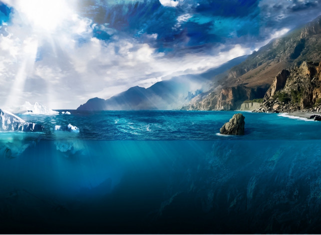 Обои картинки фото природа, побережье, камни, берег, море, айсберг, облака, небо, лучи