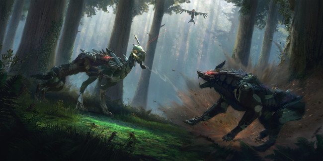 Обои картинки фото фэнтези, роботы,  киборги,  механизмы, фантастика, волк, схватка, птица, ворон