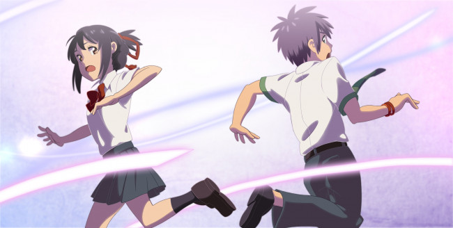 Обои картинки фото аниме, kimi no na wa, взгляд, девушка, парень, фон