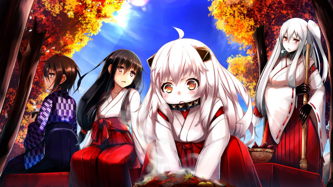 Обои картинки фото аниме, kantai collection, девушки, взгляд, фон