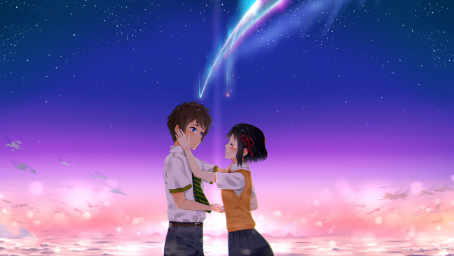 Обои картинки фото аниме, kimi no na wa, фон, взгляд, девушка, парень