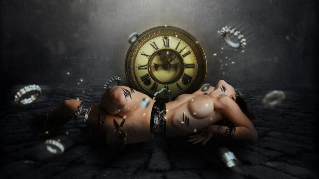 Обои картинки фото фэнтези, роботы,  киборги,  механизмы, девушка, шестеренки, часы, заяц, биоробот, тело