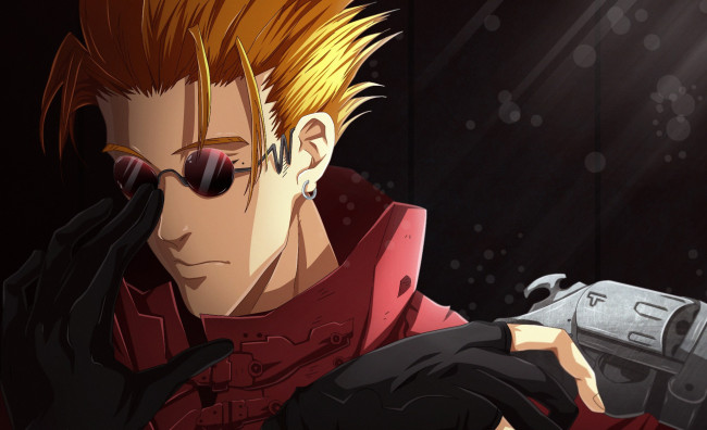 Обои картинки фото the $ 60 billion man, аниме, оружие,  техника,  технологии, sugoi, yuusha, manga, revolver, assassin, pose, subarashii, blonde, by, k9k992, vash, the, stampede, gunslinger, trigun, man, gloves, asian, style, weapon, gun, hand, japanese, oriental, face, hero, hitman, anime