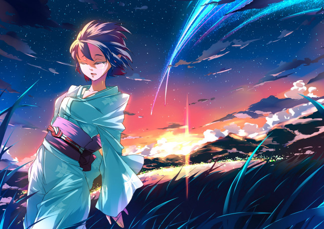 Обои картинки фото аниме, kimi no na wa, фон, взгляд, девушка