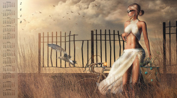 Картинка календари 3д-графика 2018 девушка сумка очки птица велосипед