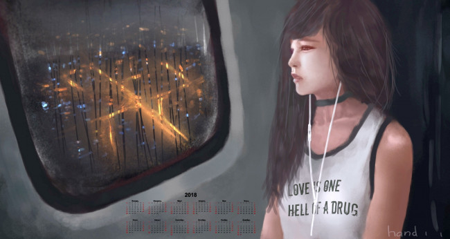 Обои картинки фото календари, рисованные,  векторная графика, 2018, девушка, взгляд, окно, профиль