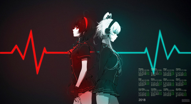 Обои картинки фото календари, аниме, 2018, девушка, двое, наушники, униформа