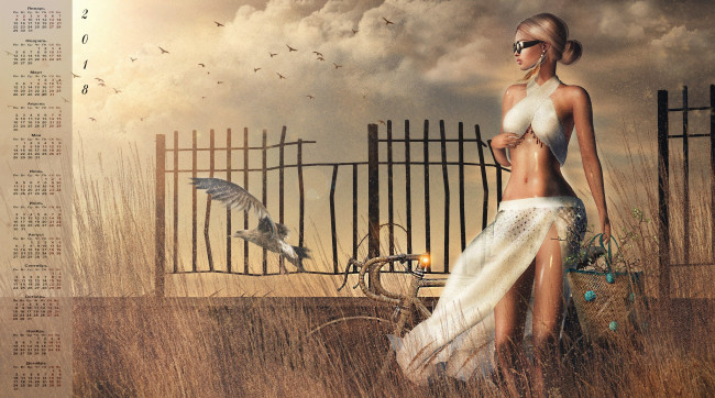 Обои картинки фото календари, 3д-графика, 2018, девушка, сумка, очки, птица, велосипед