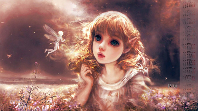 Обои картинки фото календари, фэнтези, 2018, взгляд, лицо, эльф, растения
