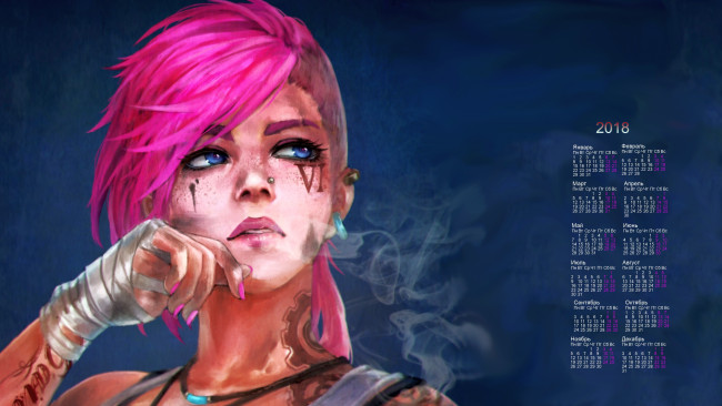Обои картинки фото календари, рисованные,  векторная графика, 2018, девушка, взгляд, тату, дым