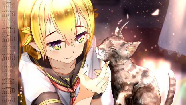 Обои картинки фото календари, аниме, 2018, девочка, кошка
