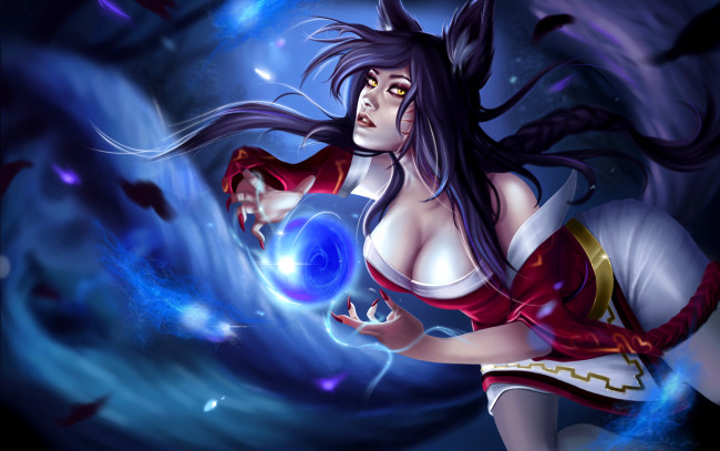 Обои картинки фото видео игры, league of legends, девушка, фон, взгляд, магия, ahri