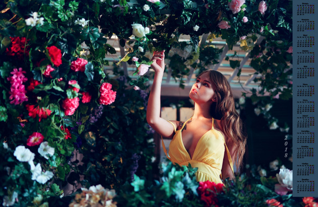 Обои картинки фото календари, девушки, цветы, 2018