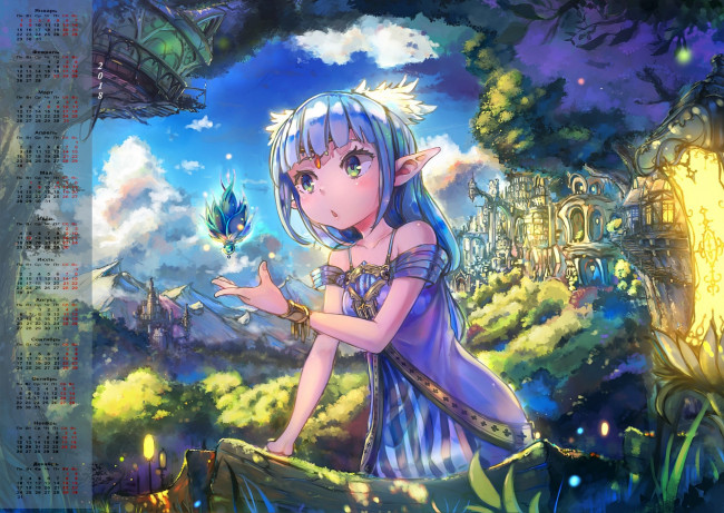 Обои картинки фото календари, аниме, 2018, эльф, девушка, постройка