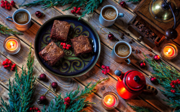 Картинка праздничные угощения кофе ягоды стиль ветки шарики