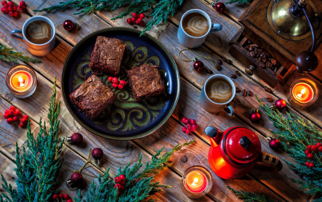 Обои картинки фото праздничные, угощения, кофе, ягоды, стиль, ветки, шарики