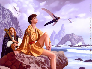 обоя календари, фэнтези, девушка, мужчина, гитара, женщина, водоем, крылья, calendar, 2019