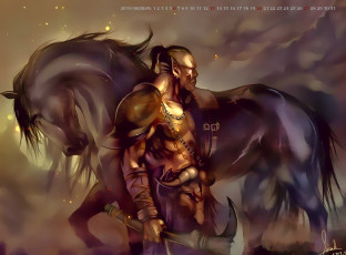 обоя календари, фэнтези, лошадь, воин, конь, мужчина, животное, оружие, эльф, calendar, 2019