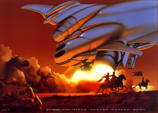 обоя календари, фэнтези, calendar, звездолет, самолет, животное, конь, всадник, лошадь, 2019