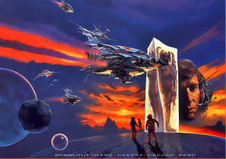 обоя календари, фэнтези, космонавт, 2019, calendar, планета, космос, лицо