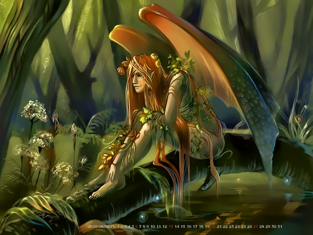Обои картинки фото календари, фэнтези, существо, calendar, 2019, растение, крылья, лес