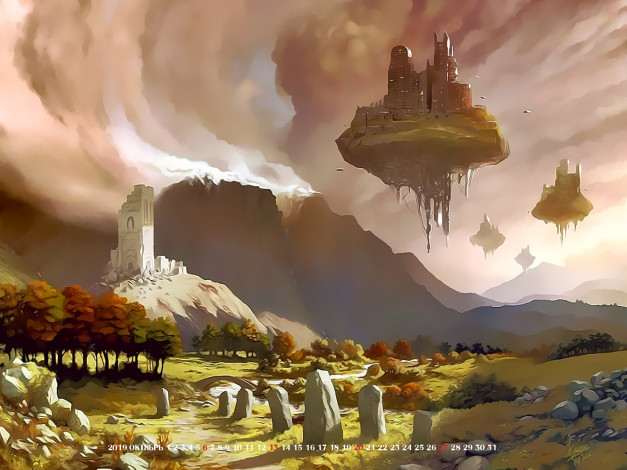Обои картинки фото календари, фэнтези, 2019, calendar, каменный, планета, природа, город