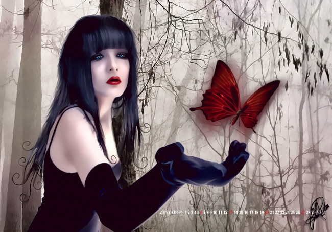 Обои картинки фото календари, фэнтези, 2019, calendar, бабочка, девушка