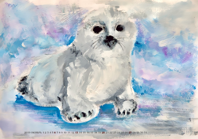 Обои картинки фото календари, рисованные,  векторная графика, животное, морское, белый, котик, calendar, 2019