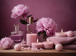 обоя разное, косметические средства,  духи, пионы, свечи, туалетная, вода