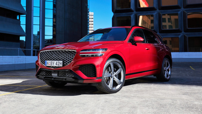 Обои картинки фото genesis gv70 2, 5t awd 2023, автомобили, genesis, красный, здания
