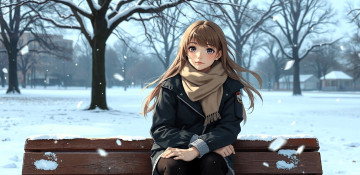 Картинка аниме зима +новый+год +рождество девушка шарф куртка юбка скамейка парк снег деревья дома