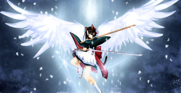 обоя аниме, ангелы,  демоны, девушка, ушки, крылья, оружие