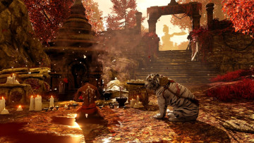 обоя видео игры, far cry 4, тигр, осень, мужчина, свечи, храм, молитва, развалины, деревья