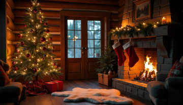 обоя праздничные, новогодний очаг, новогодняя