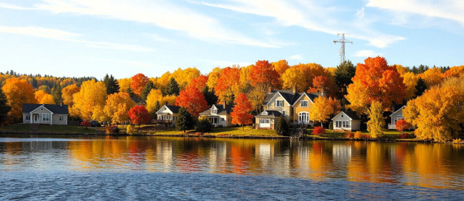 Обои картинки фото рисованное, города, горы, лес, деревья, осень, дома, поселок, озеро