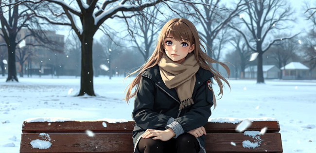 Обои картинки фото аниме, зима,  новый год,  рождество, девушка, шарф, куртка, юбка, скамейка, парк, снег, деревья, дома