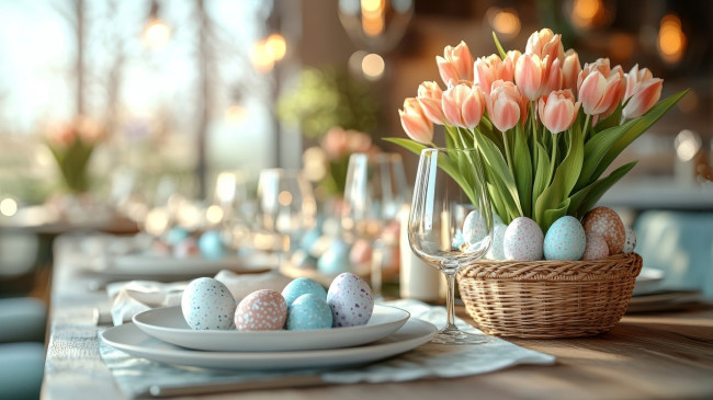 Обои картинки фото 3д графика, праздники , holidays, тюльпаны, пасха, яйца, крашенки