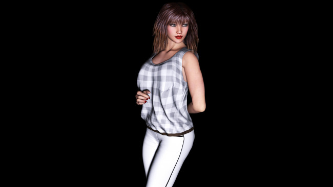 Обои картинки фото 3д графика, people , люди, брюки, кофта, взгляд, девушка