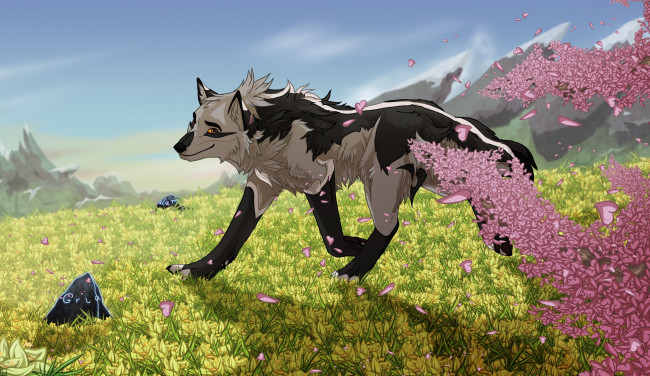 Обои картинки фото рисованные, животные,  сказочные,  мифические, лето, трава, ветки, собака