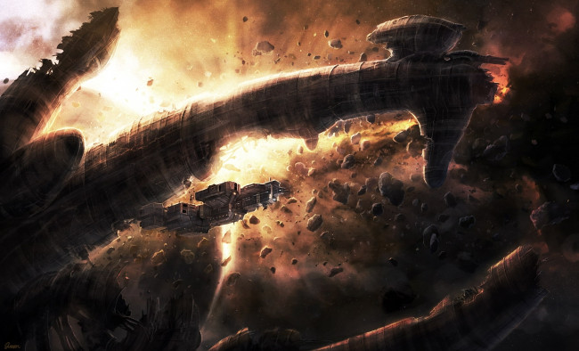 Обои картинки фото фэнтези, космические корабли,  звездолеты,  станции, космический, корабль, прометей, взрыв, крушение