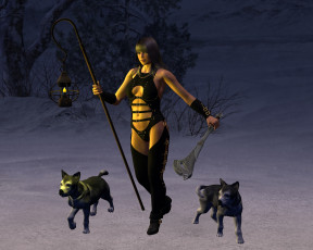 обоя 3д графика, амазонки , amazon, девушка, дерево, фонарь, собаки, фон, оружие, взгляд, снег
