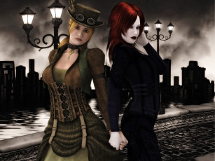 Картинка 3д+графика люди+ people девушки шляпа светильники фон взгляд