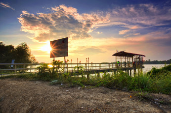 Картинка природа восходы закаты река мостик солнце