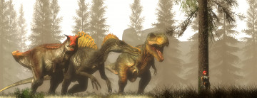 Картинка 3д+графика животные+ animals лес динозавры девушка рыжая взгляд