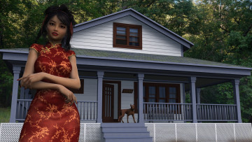 Картинка 3д+графика люди+ people собака дом ограждение лестница взгляд девушка