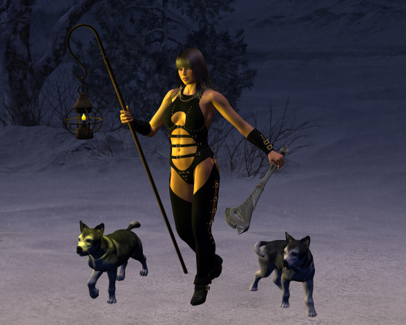 Обои картинки фото 3д графика, амазонки , amazon, девушка, дерево, фонарь, собаки, фон, оружие, взгляд, снег